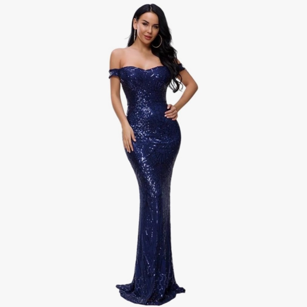 NWT Elegant Navy Blue Sequin Off-Shoulder Gown - Maid of Honor